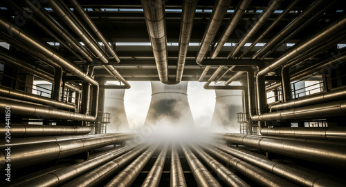 Industrial pipeline system framing massive cooling towers with rising steam. A complex network of steel pipes at a power plant facility. Energy production concept, ideal for engineering and utility.