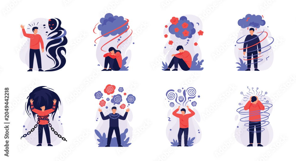 Fototapeta premium Group of individuals facing various psychological difficulties and emotional stress portrayed in a set of conceptual flat illustrations.