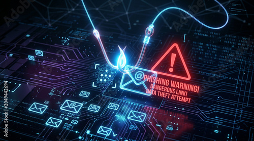 Phishing Scam Warning on Digital Circuit Board with Email Icon
