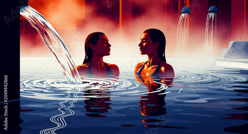Two women relaxing in a steaming thermal spa pool. Artistic illustration of people in a luxury hot spring with mist and warm lighting. Wellness concept ideal for travel and health marketing.