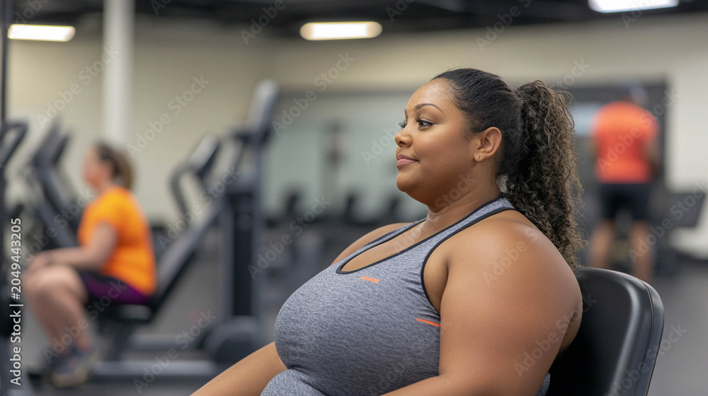 Fototapeta premium Plus size woman lifting dumbbells and training indoors at the gym, showcasing strength and determination. Generated image