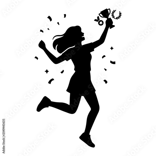 Принти на полотні Silhouette of a Woman Celebrating Victory with Trophy and Laurel Wreath