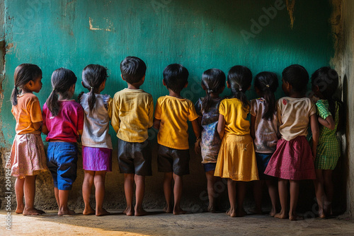Group of Children Waiting in Line to Enter Schoo.Generated image