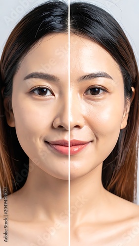 A woman's face split into two contrasting halves
