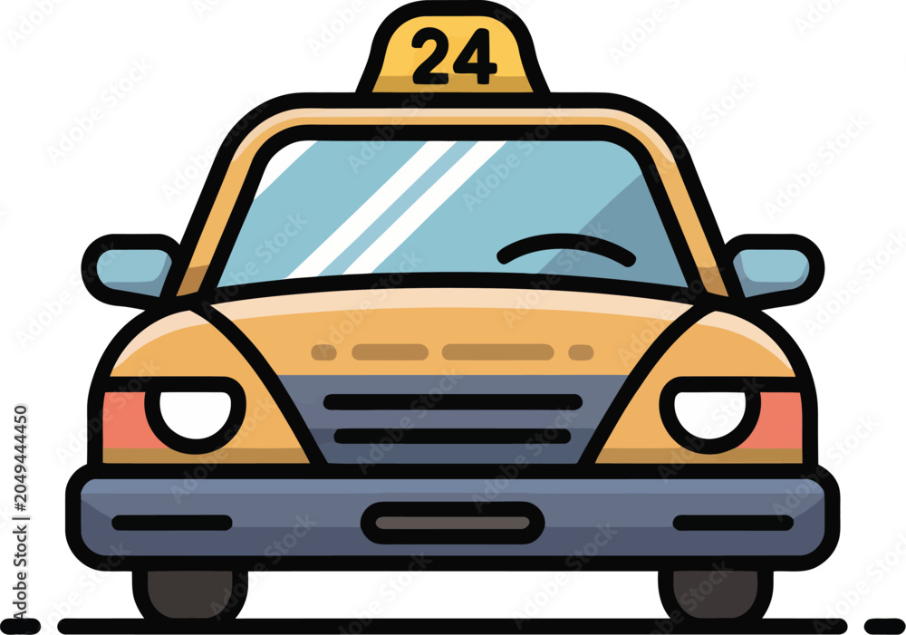 Fototapeta premium Flat of a yellow taxi car, front view with a number 24 sign on the roof, isolated on a white background