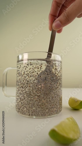 Woman hand stirring chia seeds with a spoon in a glass cup of water.