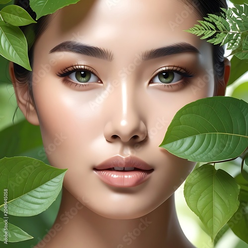 A woman's face surrounded by green leaves
