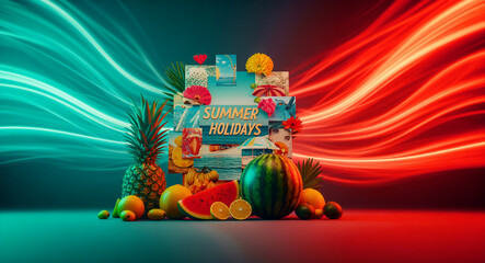 Summer holidays collage with tropical fruits and beach photos against neon light trails. Arrangement of pineapple and watermelon. Tropical vacation concept for summer marketing campaigns.