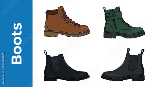 The illustration shows various colorful boots on a white background