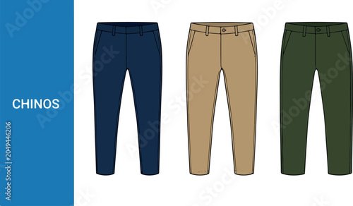 Fotografía Three pairs of colorful chinos on display for fashion