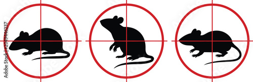 rats icon. pest control. rodent extermination sign. target logo for mouse poison. kill gnawer. red round crosshair aim. black silhouette mammal. vector animal mice stop symbols set, rodent prevention 