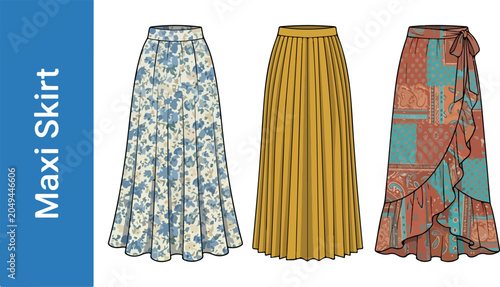 Fashionable women wear stylish maxi skirts in various colorful designs and patterns.