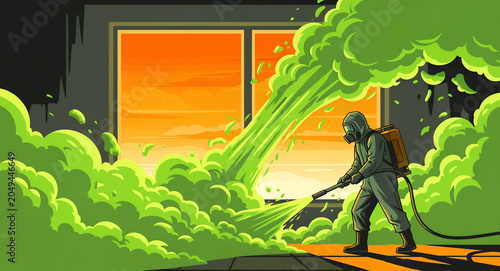 Man in hazmat suit spraying toxic green gas chemicals. Professional worker in protective gear for hazardous waste removal and fumigation. Biohazard cleanup and environmental safety concept.