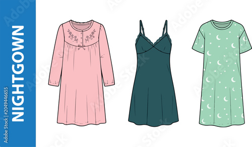 Foto Three different nightgowns are displayed on hangers in a fashion setting