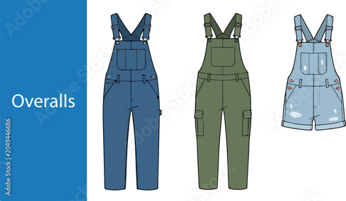 Canvastavla Three colorful overalls hang on a line in a row for fashion
