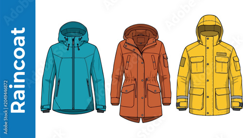 Foto Three colorful raincoats hang on a wall in a row