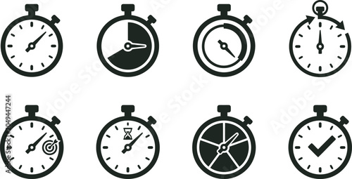 Konstfotografi Collection of eight distinct stopwatch and timer in black style for time managem