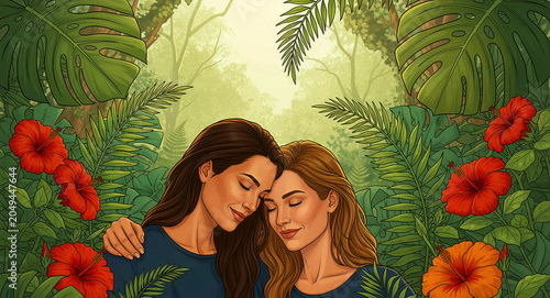 Two women embracing affectionately in a lush tropical jungle setting. Digital illustration featuring vibrant hibiscus flowers and exotic leaves. LGBTQ romance and wellness concept for diverse.