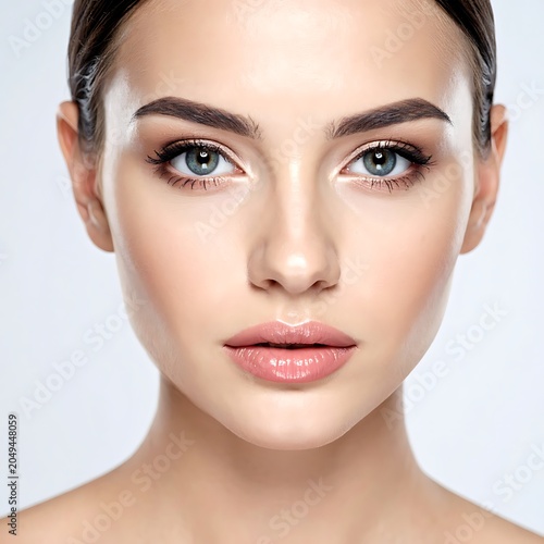 A woman's face with blue eyes and brown hair