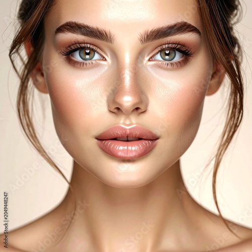 A woman's face with blue eyes and brown hair