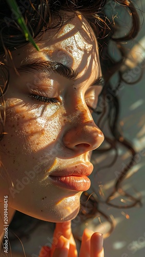 A woman's face with closed eyes and wet skin