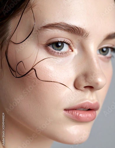 A woman's face with curly hair strands drawn on her cheek