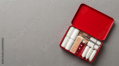 Open red first aid kit box filled with medical supplies including bandages, gauze, antiseptic wipes, and scissors on a gray background