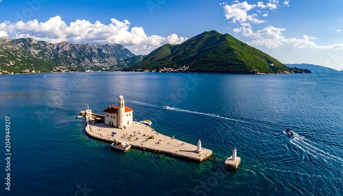 Aerial view of a small island with church, lighthouses, boats, and mountains in the background