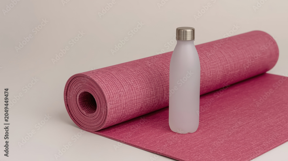 Obraz premium Pink yoga mat and water bottle evoke calm fitness routine