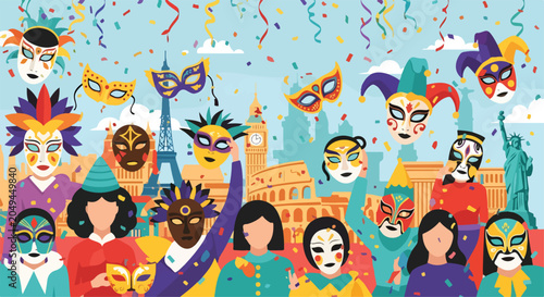 Fotografie A colorful illustration of people wearing masks