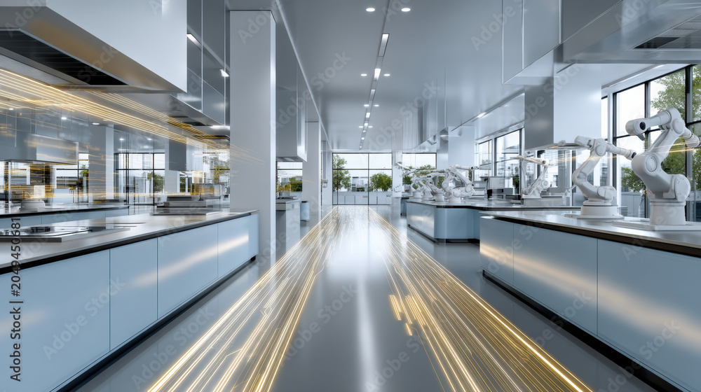 Obraz premium Futuristic laboratory robot automation manufacturing workshop stainless clean interior, bright high fidelity digital factory with robotic arm line