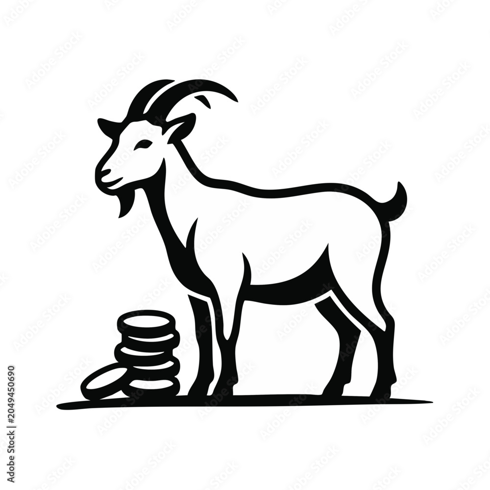 Obraz premium Chinese zodiac Year of the Goat 2027. Silhouette of a goat standing beside a stack of coins. Flat vector illustration isolated on transparent background