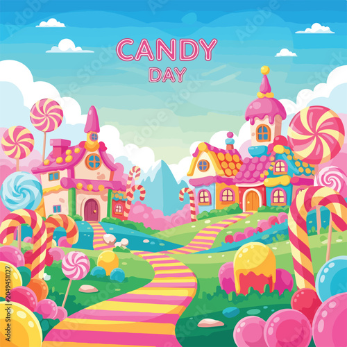 A colorful cartoon candy land with houses and sweets