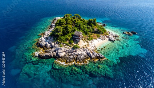 Aerial view of a small island with lush greenery, rocky shores, and clear turquoise waters, showcasing a tranquil paradise