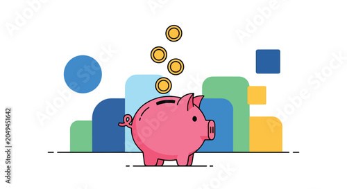 A pink piggy bank with coins and colorful shapes