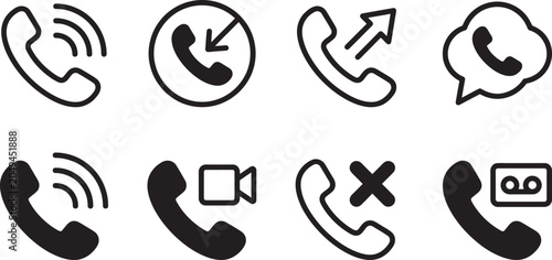 Fotografie Set of telephone call in outline and solid black styles featuring various commun