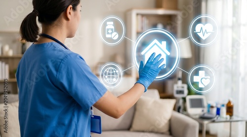 Healthcare professional interacting with a holographic interface displaying medical icons and a home symbol, symbolizing digital health and telehealth services