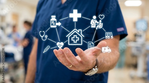 A healthcare professional showcases a digital network of medical icons representing comprehensive patient care and services, emphasizing technology in medicine