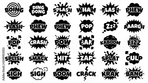 Collection of comic book sound effect word silhouettes and cartoon speech bubbles - graphic design elements
