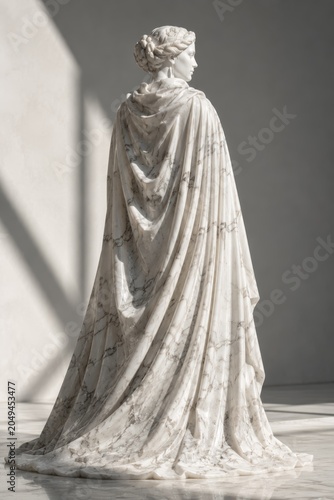Surreal Classical Sculpture of a Figure Draped in Luxurious Flowing Marble Fabric with Intricate Vein Textures in Natural Sunlight