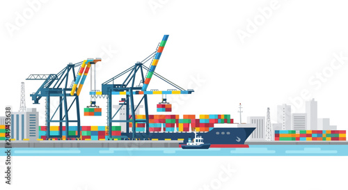 Container ship loading and unloading at a busy port with cranes and cityscape background