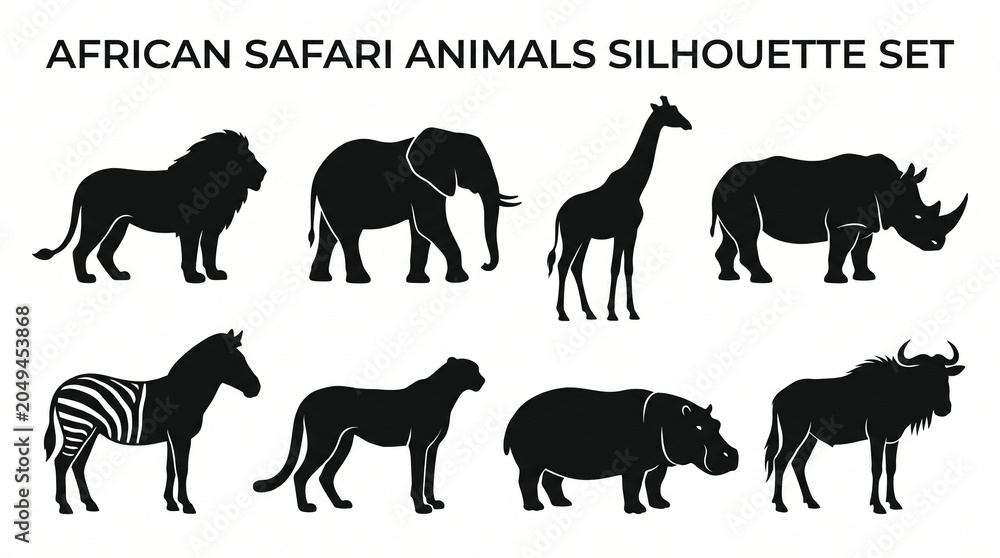 Fototapeta premium Bold black silhouettes of iconic African safari animals, emphasizing wildlife diversity, strength, and natural heritage for versatile design applications.