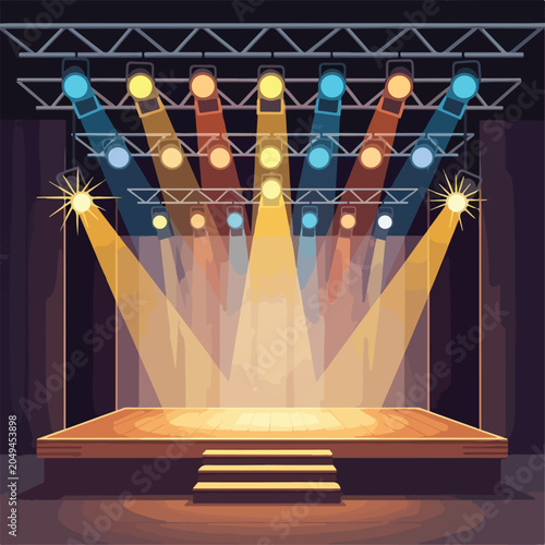 A cartoon stage with lights shining down