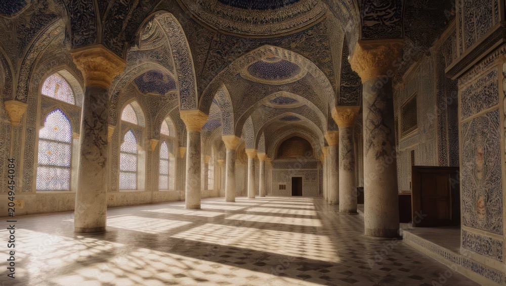 Fototapeta premium Ornate, spacious interior with columns, patterned ceilings and walls, with sunlight streaming through arched windows