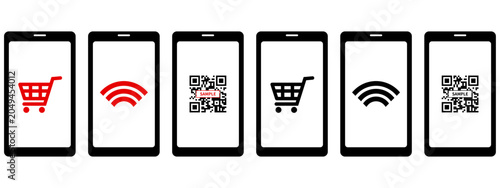 Schilderij op canvas QRコードやショッピングカートが表示されたスマートフォンのシンプルなベクターアイコンセット