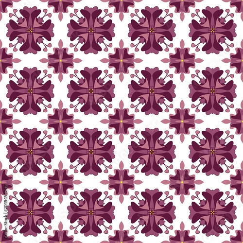 Purple Ornamental Floral Seamless Pattern with Geometric Folk Art Design