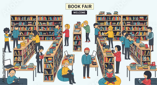 Bild auf Leinwand A colorful cartoon illustration of a bustling book fair