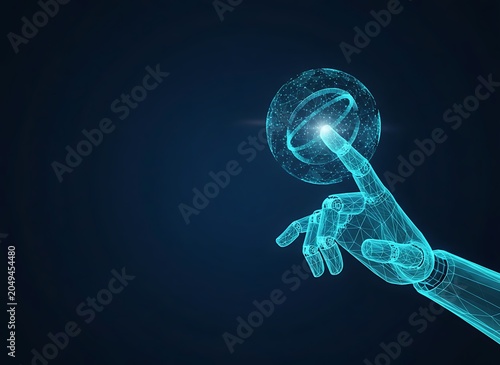 Digital robotic hand touching glowing abstract sphere. futuristic low poly illustration AI financial planning with touching, abstract. futuristic low poly illustration AI financial planning