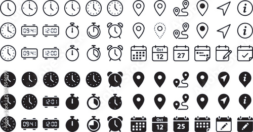 Fotografie Map pins and clock icons provide a comprehensive set of navigation and timekeeping symbols