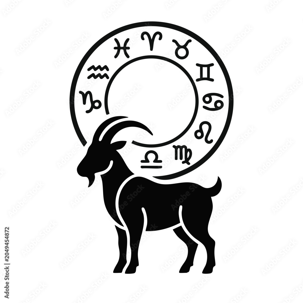 Naklejka premium Chinese zodiac Year of the Goat 2027. Astrological circle with goat silhouette. Vector illustration isolated on transparent background